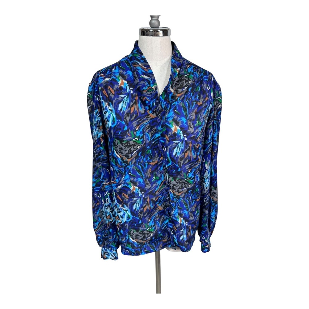 Vintage Terry Chicago Blouse Abstract Feather Print Painterly Retro Front Medium
